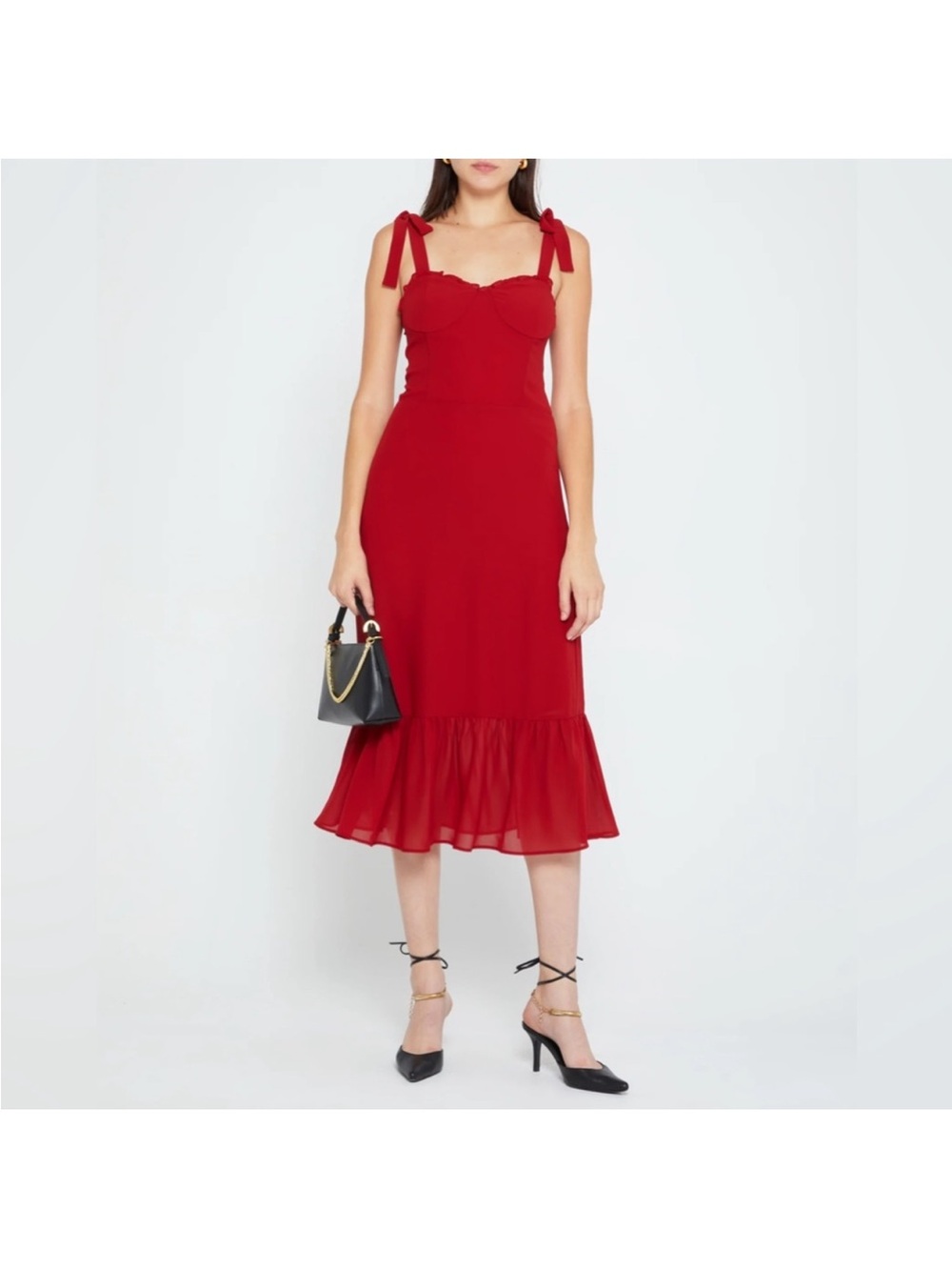 Women’s Red Midi Dress with Tie Straps and Ruffle Hem